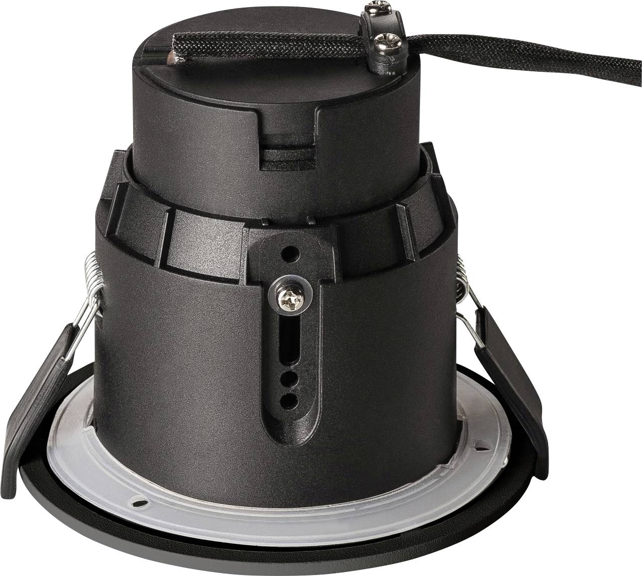 Spots encastrables LED ronds noirs avec attaches de fixation et connexion de câble, adaptés à l'éclairage intérieur.