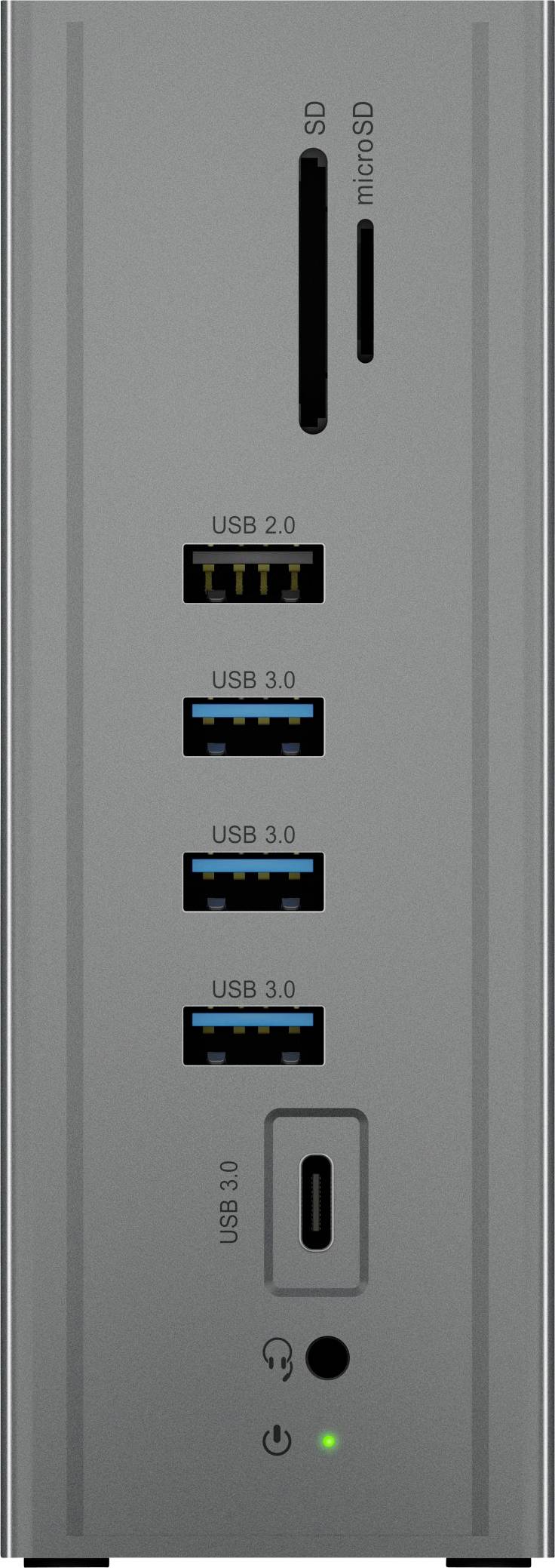 Un boîtier d'ordinateur avec trois ports USB 3.0, un port USB 2.0, un port USB-C ainsi qu'un lecteur de carte SD et un lecteur de carte microSD.