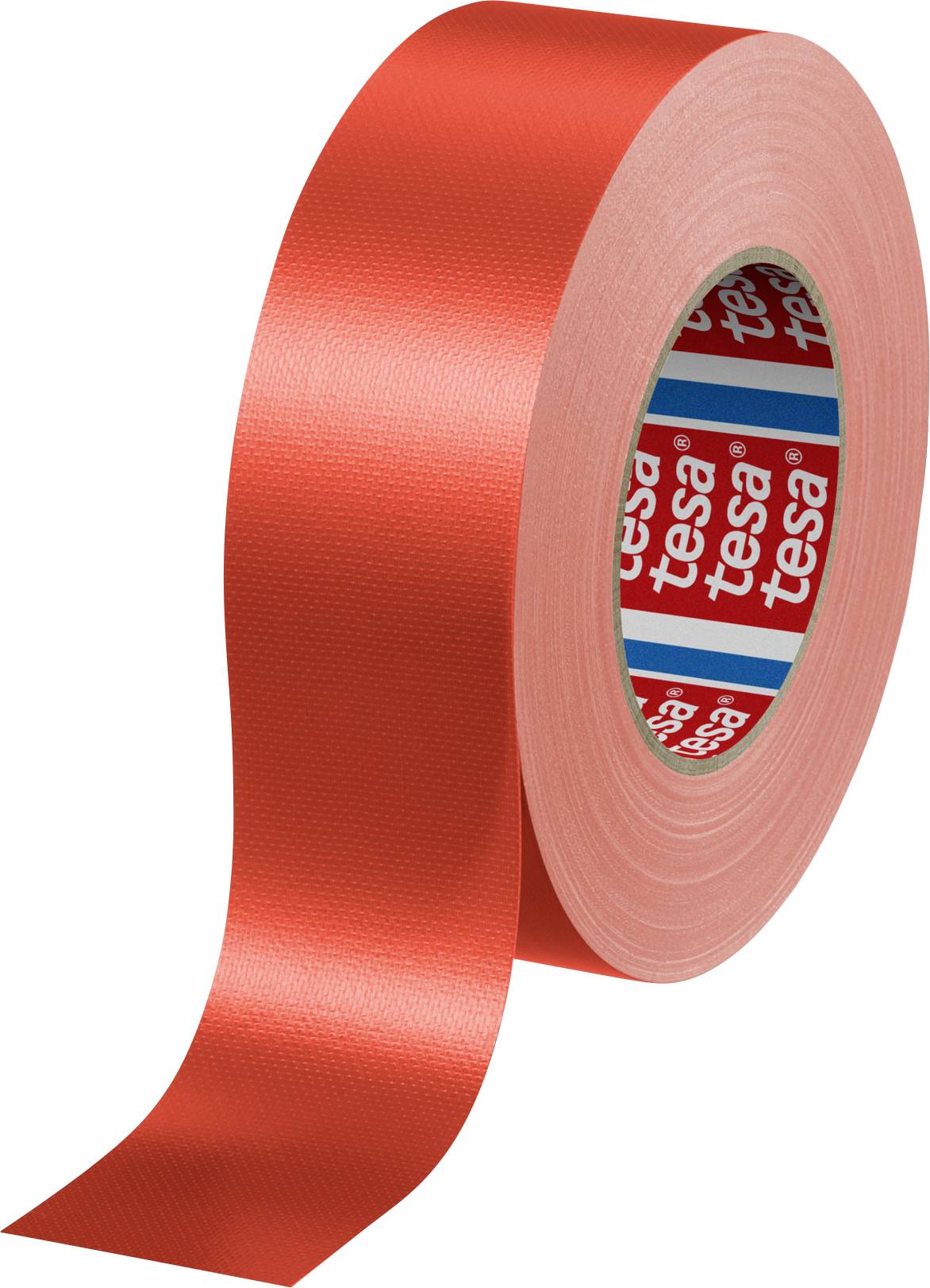 Rouleau de ruban adhésif rouge, partiellement déroulé. L'intérieur du rouleau présente le logo 'tesa'.
