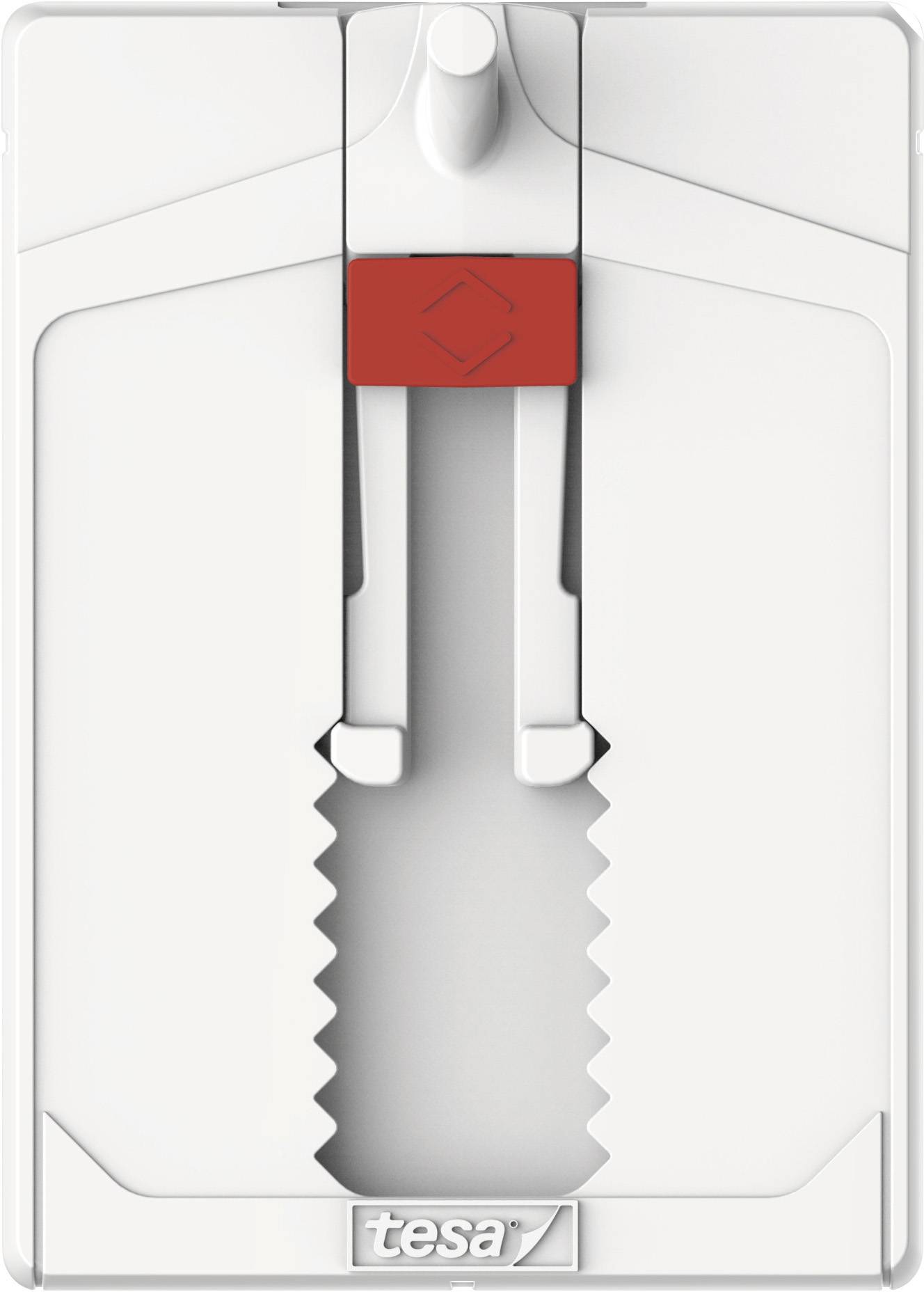 Deux mains fixent un petit objet rectangulaire à l'aide de bandes adhésives sur un mur texturé et clair.