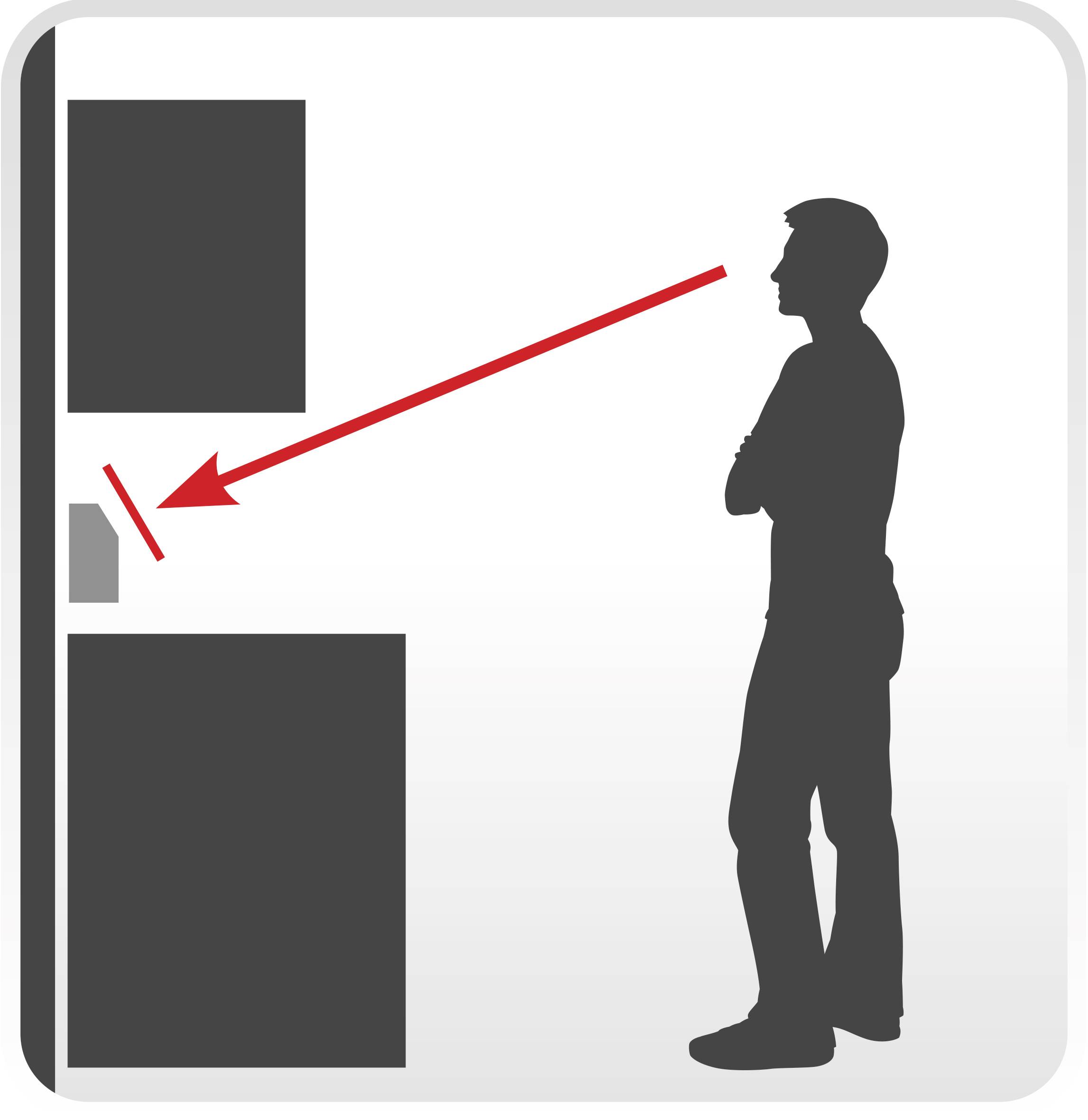 Silhouette d'une personne regardant à travers un trou dans une porte, un œil dépassant d'une ligne rouge.