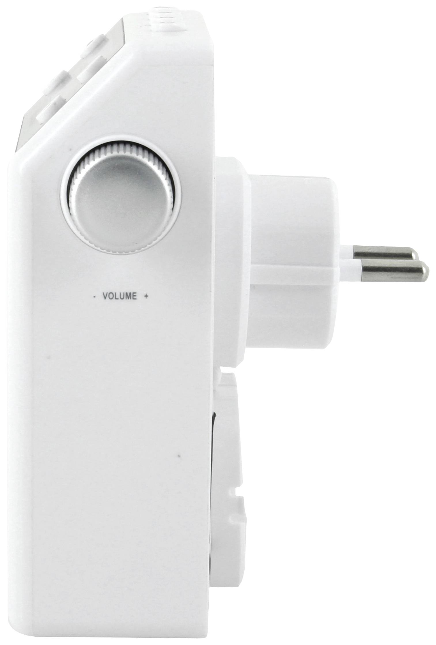 Un adaptateur de prise blanc avec un régulateur de volume sur le côté, adapté pour une utilisation dans les prises électriques.