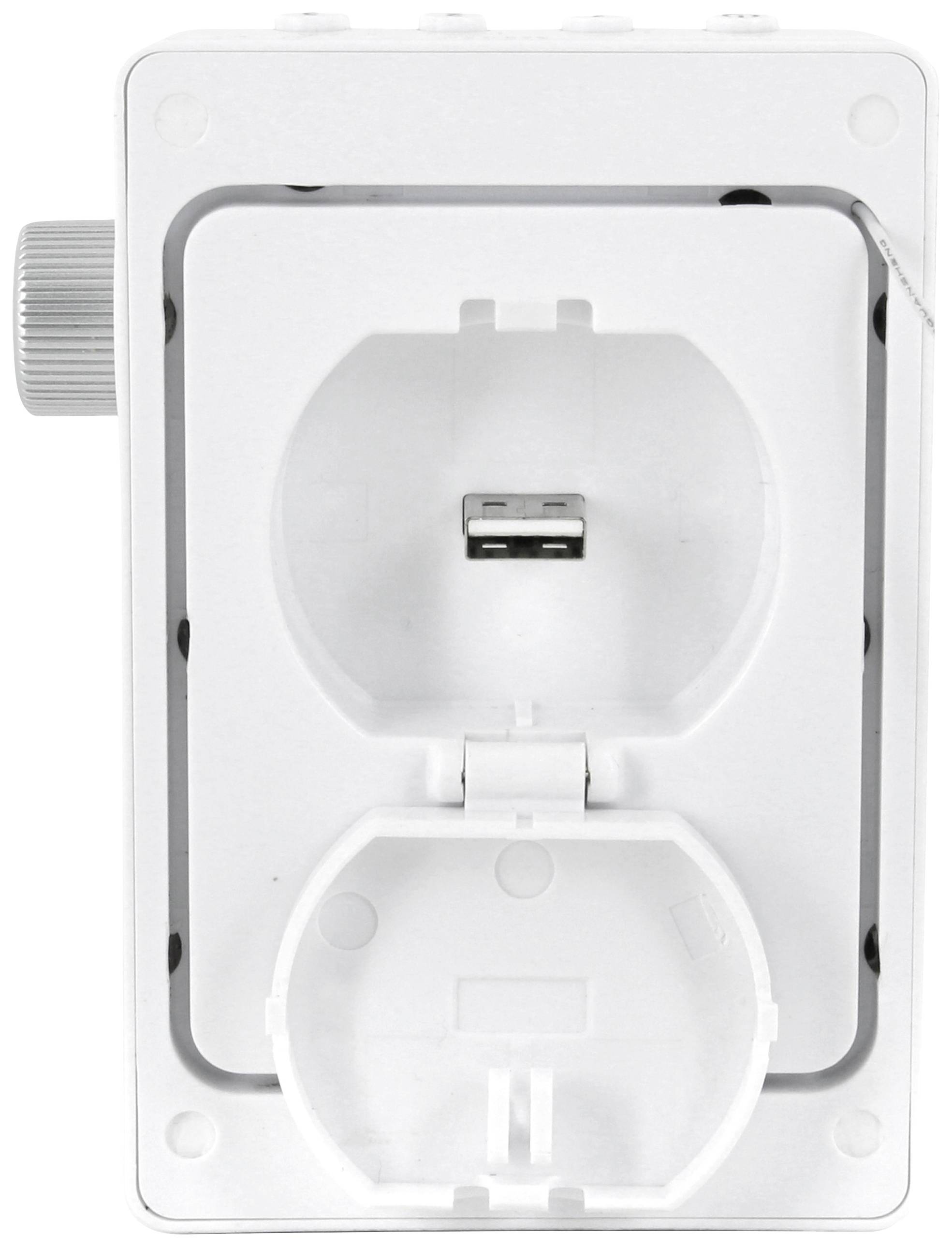 Prise électrique blanche avec couvercle de protection ouvert, montrant un seul emplacement de fiche. Elle convient aux applications intérieures et extérieures.