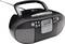 Radio portable noir avec lecteur CD, haut-parleurs, touches en haut et antenne télescopique, adapté pour la lecture de musique.
