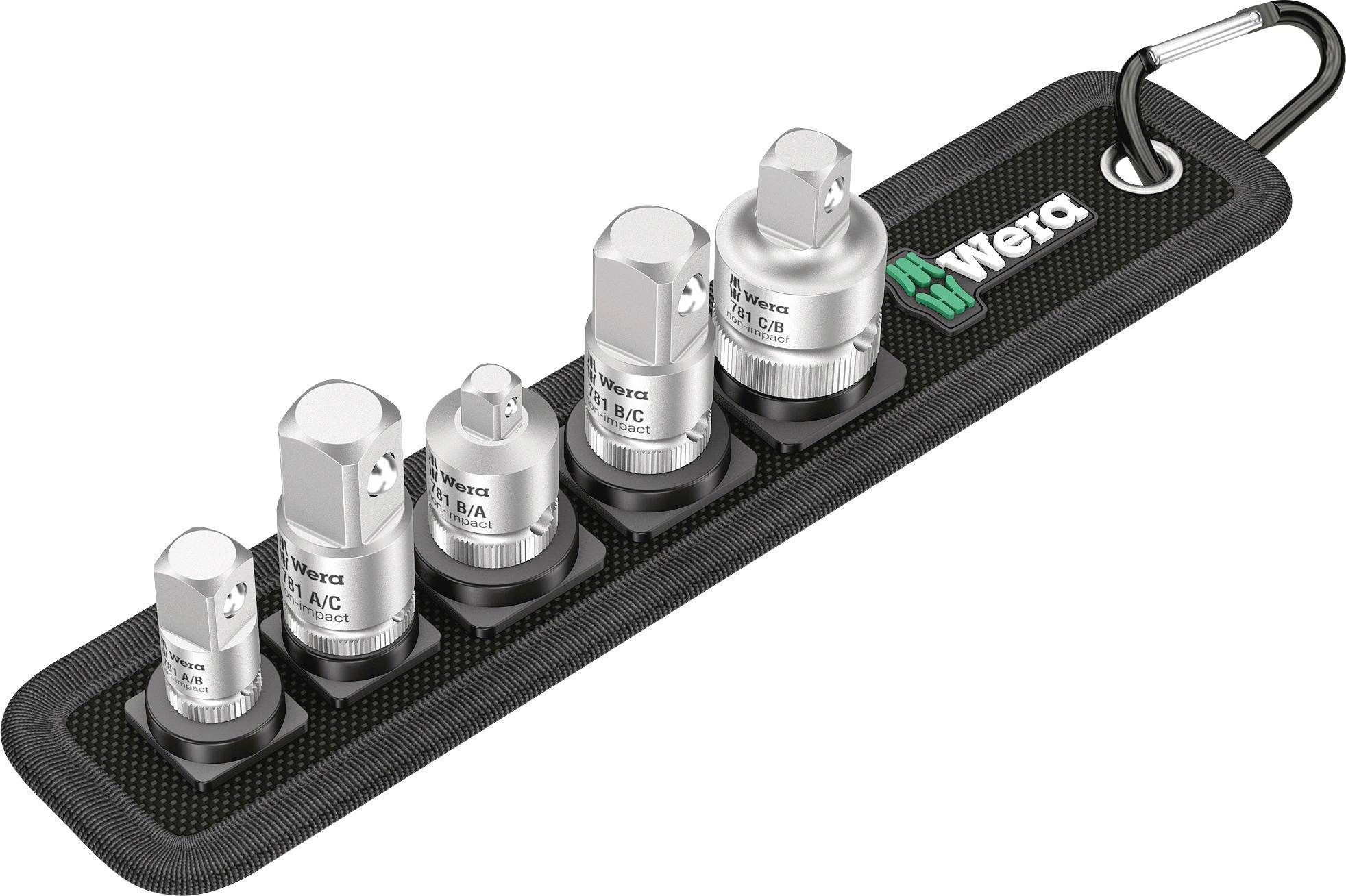 Un ensemble de cinq clés à douille de différentes tailles, alignées sur un support noir avec le logo Wera.