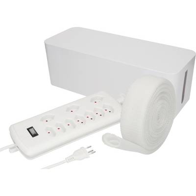 Une boîte blanche pour câbles avec une multiprise à six emplacements et un ruban de fixation enroulé à côté.
