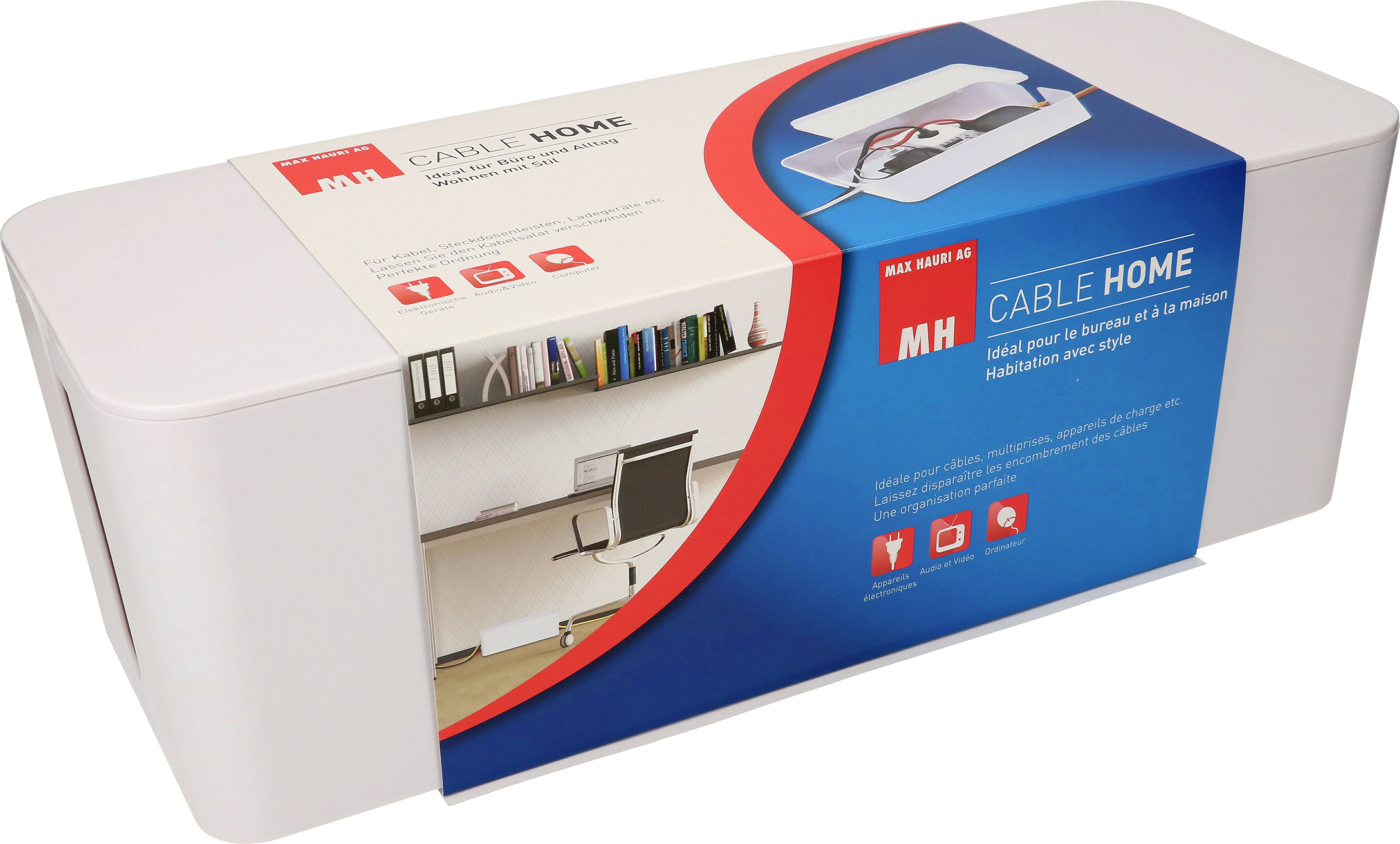 Boîte de rangement blanche pour câbles avec bandeau bleu, présente un aménagement de bureau comprenant une chaise et une étagère. Texte : 'Cable Home'. Idéal pour l'organisation des câbles.