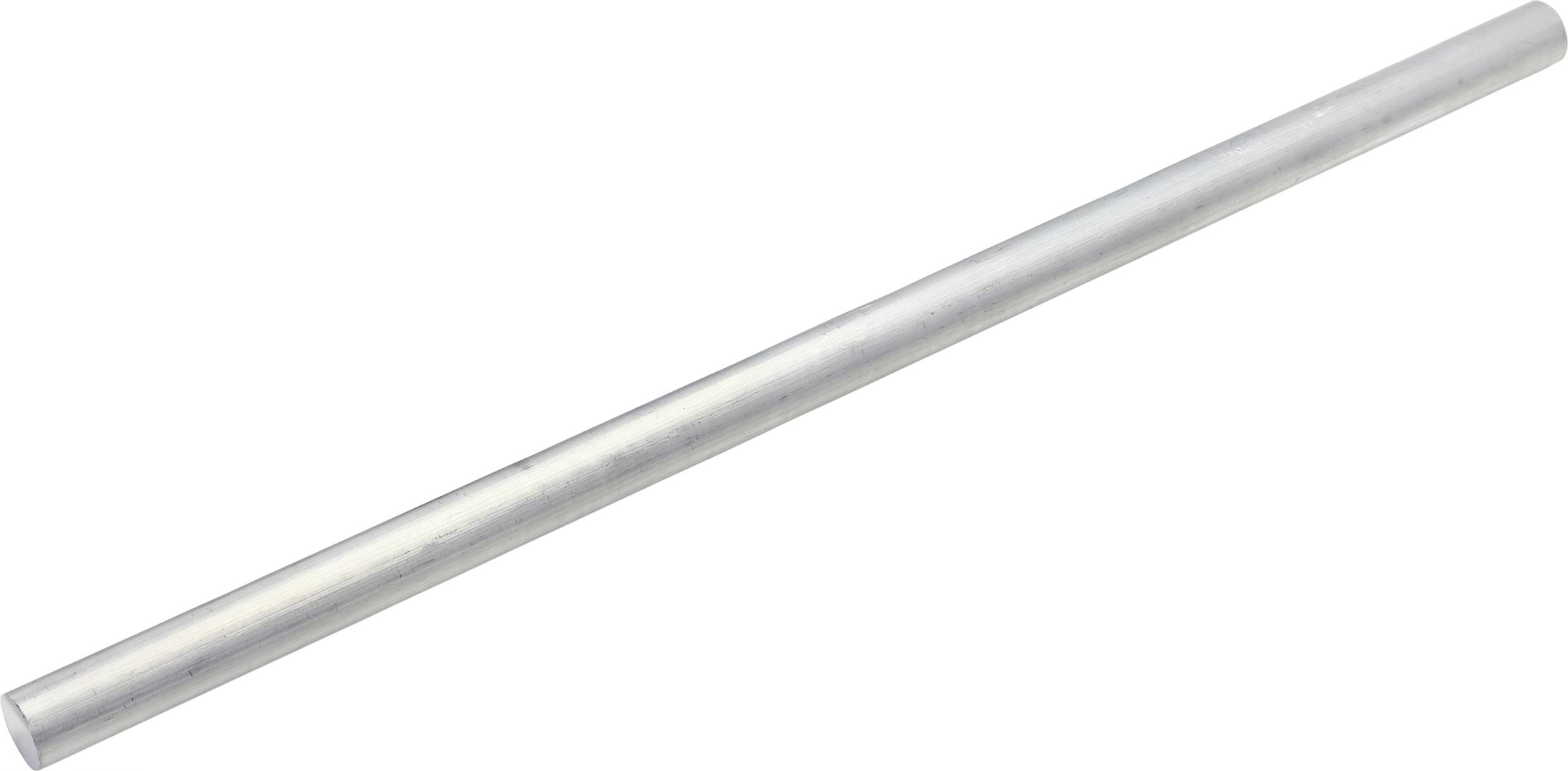 Une longue tige métallique cylindrique qui repose sur une surface blanche. Elle présente une surface lisse et argentée.