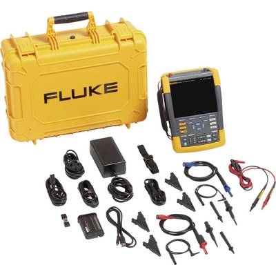 Mallette de mesure électrique portable avec appareil de mesure à écran et accessoires tels que câbles et capteurs sur fond blanc.