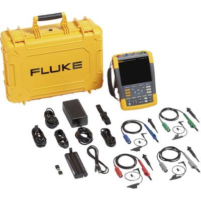 Ensemble d'oscilloscope à curseur jaune avec accessoires : sacoche de transport, oscilloscope, alimentation, câbles et cordons de mesure.
