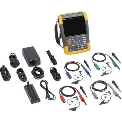 Un oscilloscope portable avec écran, touches et connexions de câbles, entouré de câbles, sondes et d'un chargeur pour des mesures.