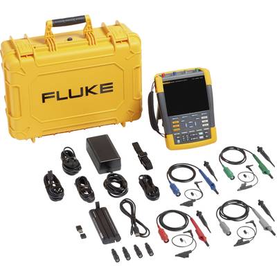 Ensemble de mesure avec oscilloscope portable, mallette orange, câbles et accessoires pour la mesure de signaux électriques.