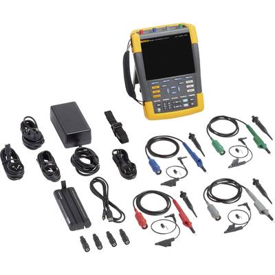 Un oscilloscope portable avec écran, entouré de divers câbles, sondes et d'un adaptateur secteur, le tout sur un fond blanc.