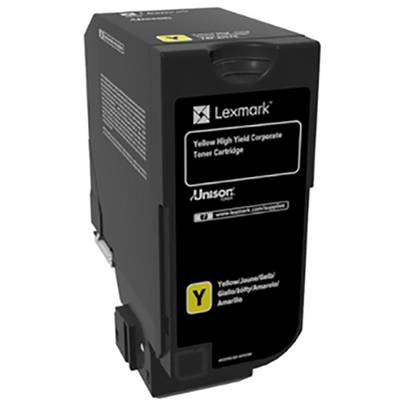 Cartouche de toner noir de Lexmark avec étiquette jaune, modèle 'Cartouche de toner corporate haute capacité jaune', détails jaunes.