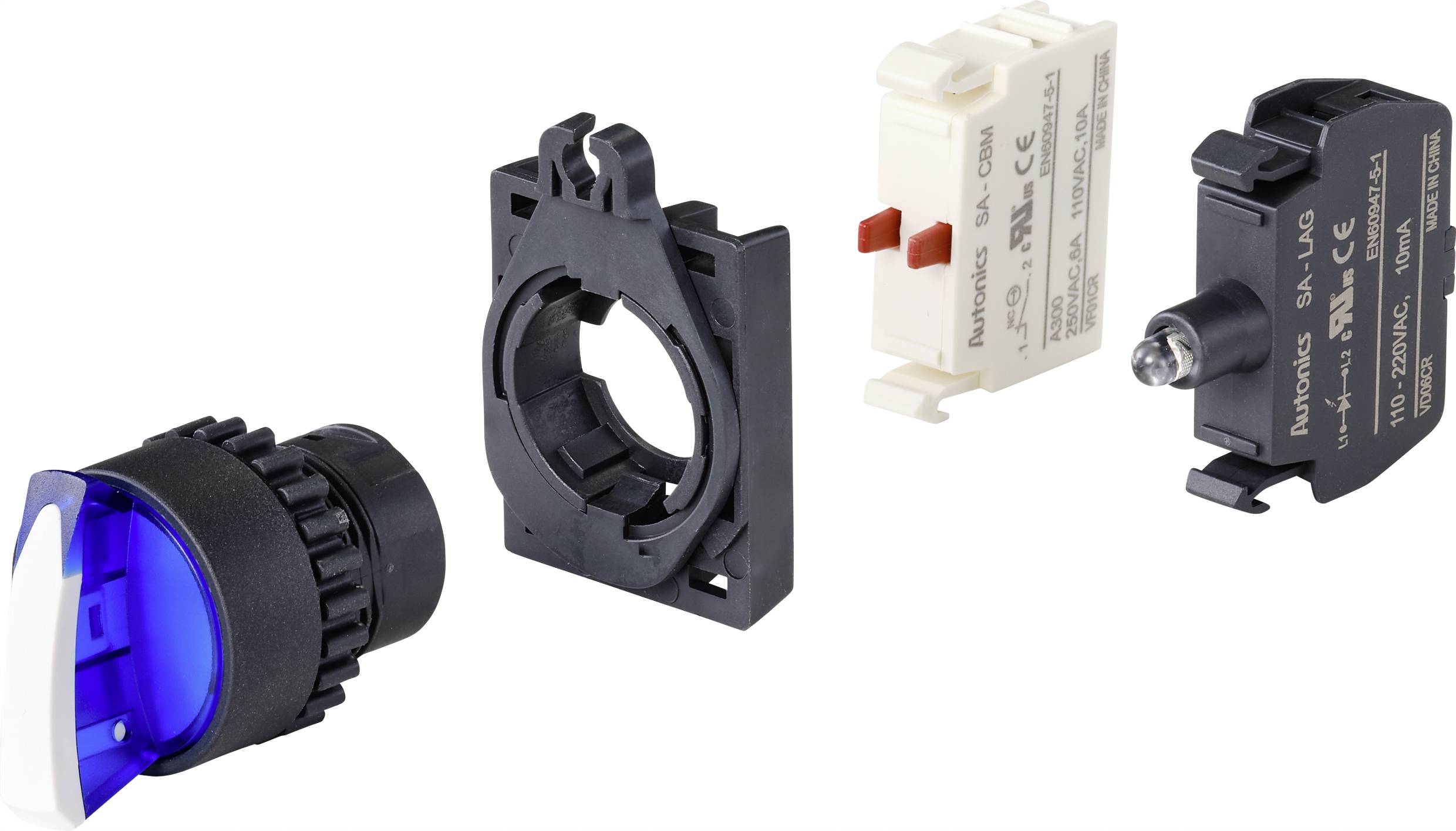 Un bouton-poussoir éclairé en bleu et ses composants : boîtier, cadre de montage, bloc de contacts et unité d'éclairage, présentés en pièces détachées.