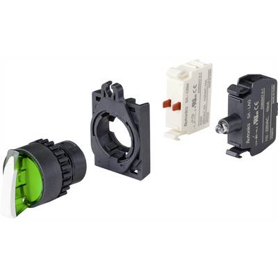 Mécanisme de bouton vert démonté avec boîtier, cadre de fixation, contact de commutation et composant LED, destiné au montage et à l'installation.