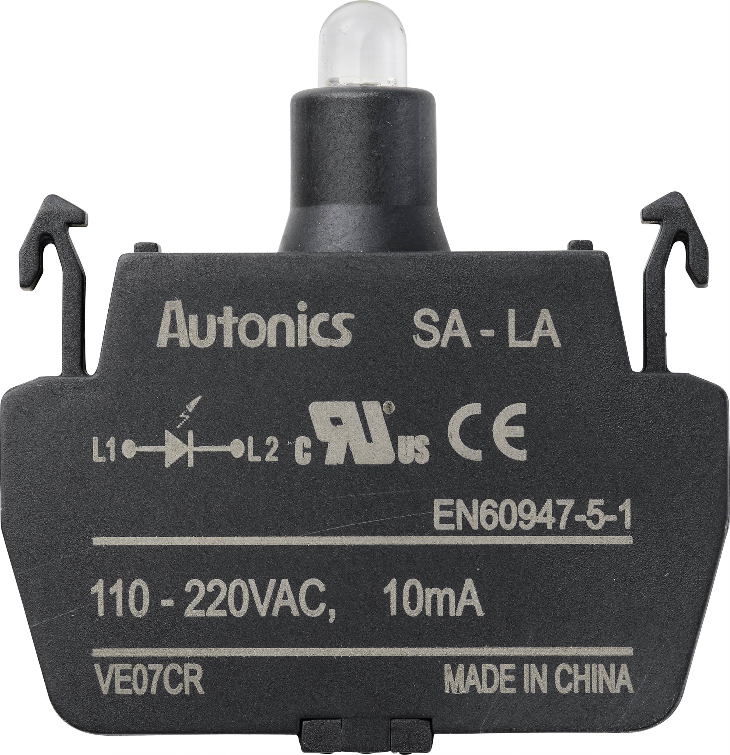 Composant électrique noir portant l'inscription 'Autonics SA-LA', 110-220VAC, 10mA. Un diffuseur en plastique est visible en haut de l'appareil.