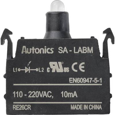 Interrupteur noir avec étiquette : 'Autonics SA-LABM', tension '110-220VAC', courant '10mA', et 'Made in China'.