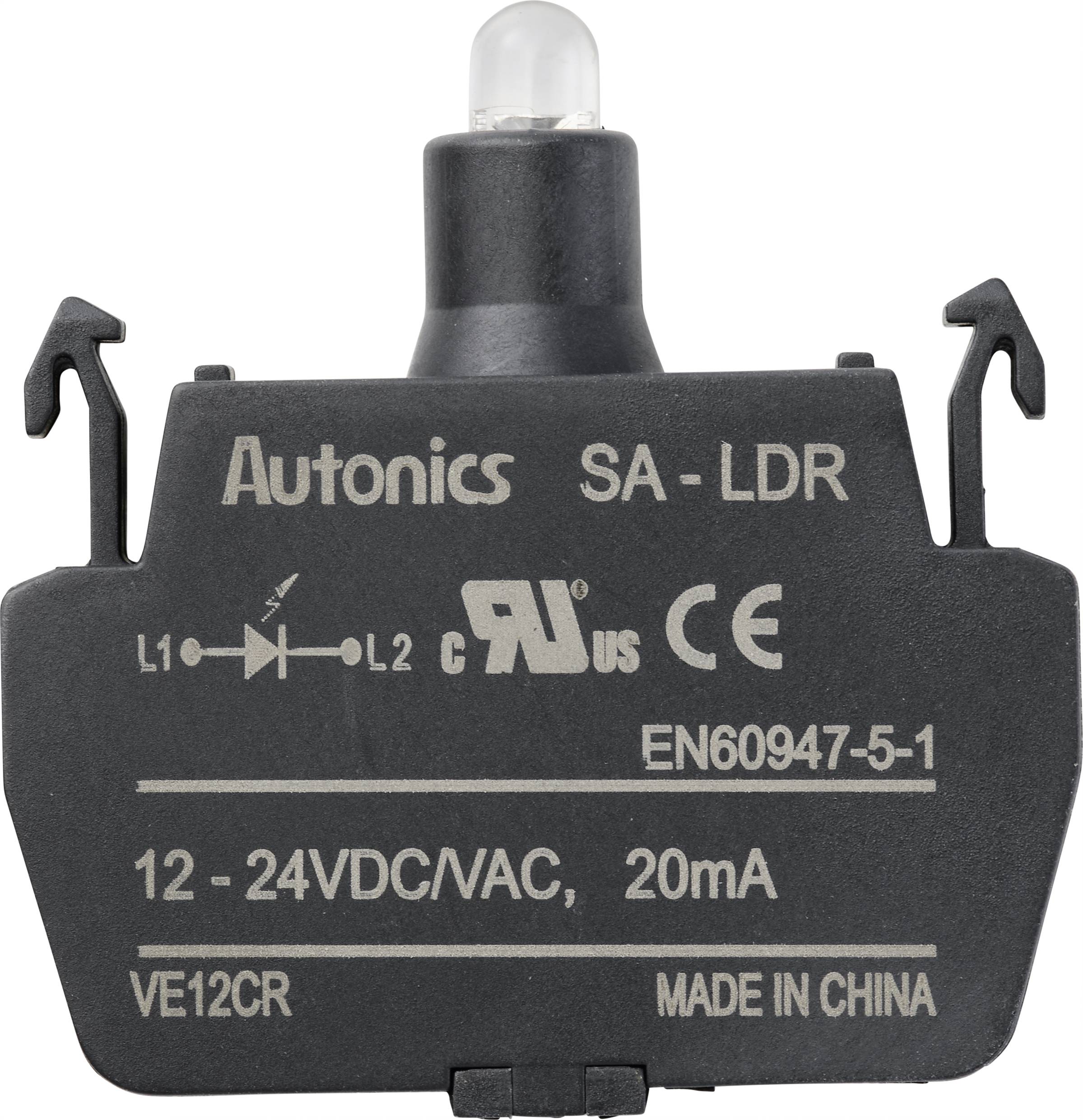 'Capteur de lumière Autonics SA-LDR, modèle VE12CR, tension 12-24 VDC/VAC, intensité de courant 20 mA, certifié CE, fabriqué en Chine.'