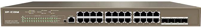 Commutateur réseau avec 24 ports Ethernet et plusieurs voyants d'état sur la face avant, modèle 'IP-COM G1024P'.