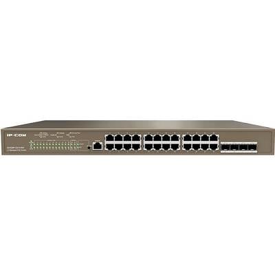 Commutateur réseau avec 24 ports Ethernet et plusieurs voyants d'état sur la face avant, modèle 'IP-COM G1024P'.