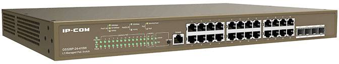 Un commutateur réseau brun avec plusieurs ports Ethernet et une étiquette IP-COM sur le côté gauche de l'avant.