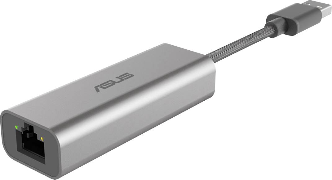 Adaptateur USB vers Ethernet avec boîtier gris, une prise RJ45 et une fiche USB. Connecte des appareils aux réseaux via Ethernet.