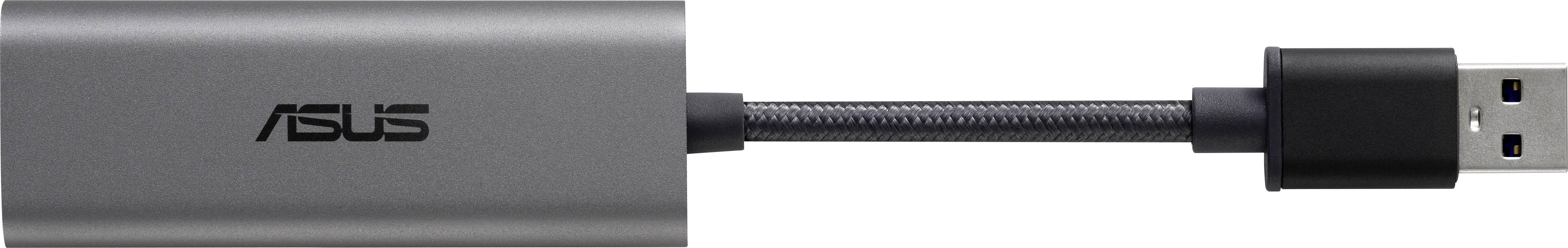 Adaptateur USB ASUS gris et noir, boîtier métallique avec logo à gauche, connecteur USB à droite, pour la connexion à des périphériques USB.
