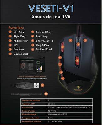 Berserker Gaming V1 Souris de gaming USB optique noir 9 Boutons 800 dpi, 1600 dpi, 2400 dpi, 3200 dpi, 4800 dpi, 6400 dp-2