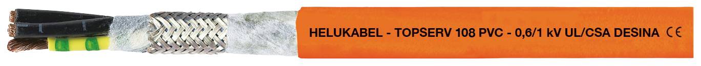 Câble orange avec l'inscription 'HELUKABEL - TOPSERV 108 PVC - 0,6/1 kV UL/CSA DESINA CE', partiellement dénudé, montrant des fils internes.