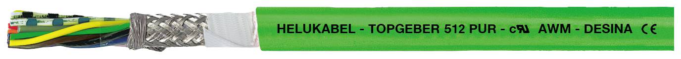 Câble vert avec des fils dénudés à une extrémité. Inscription : 'HELUKABEL - TOPFLEX 512-PUR - C4 AWIN - DESINA CE'.