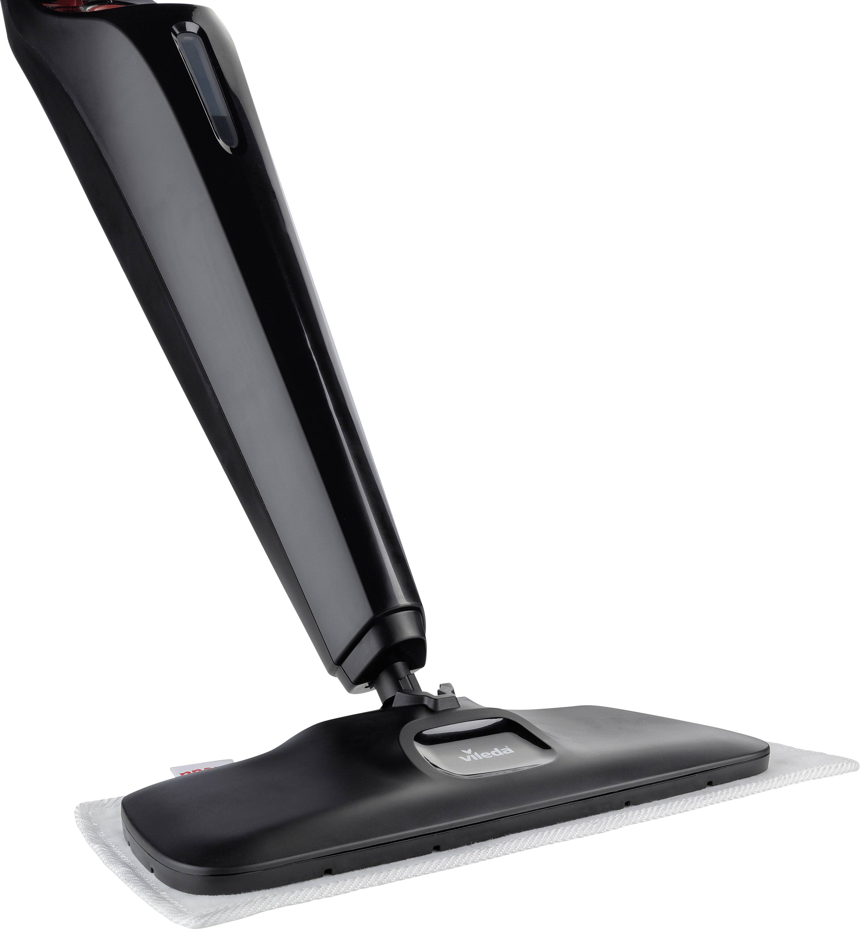 Un nettoyeur vapeur noir avec réservoir amovible et embout plat. Adapté pour le nettoyage des sols durs.