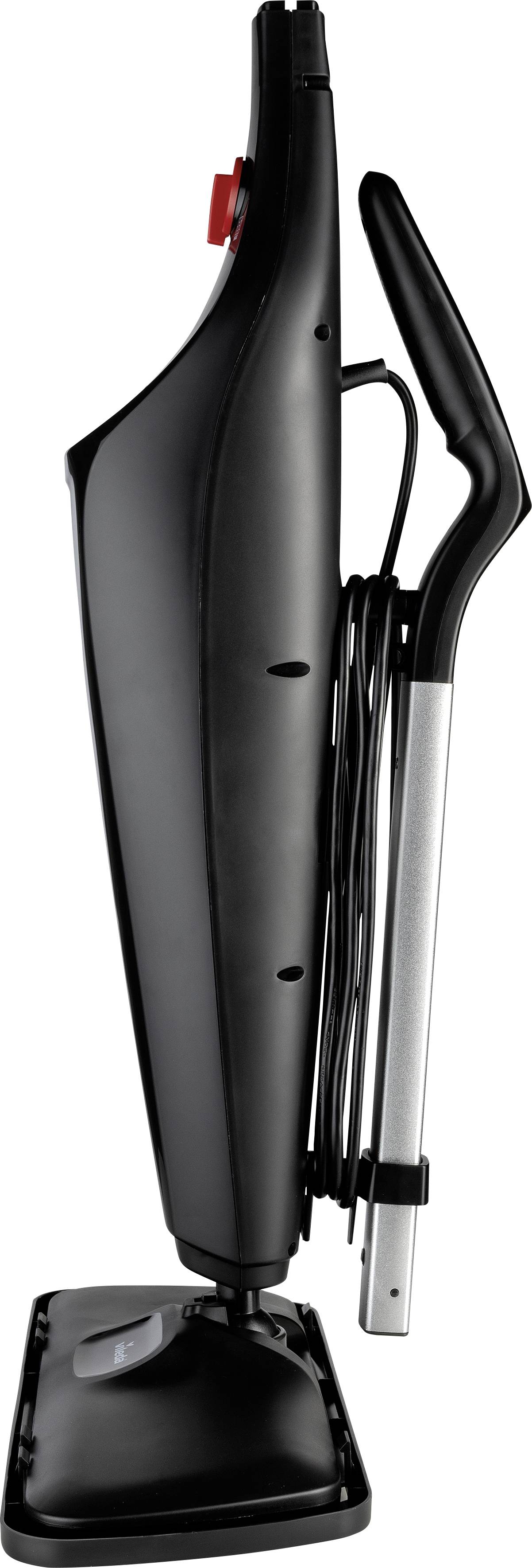 Un balai vapeur noir avec un long manche et un support de câble, vu de côté. Idéal pour le nettoyage des surfaces dures.