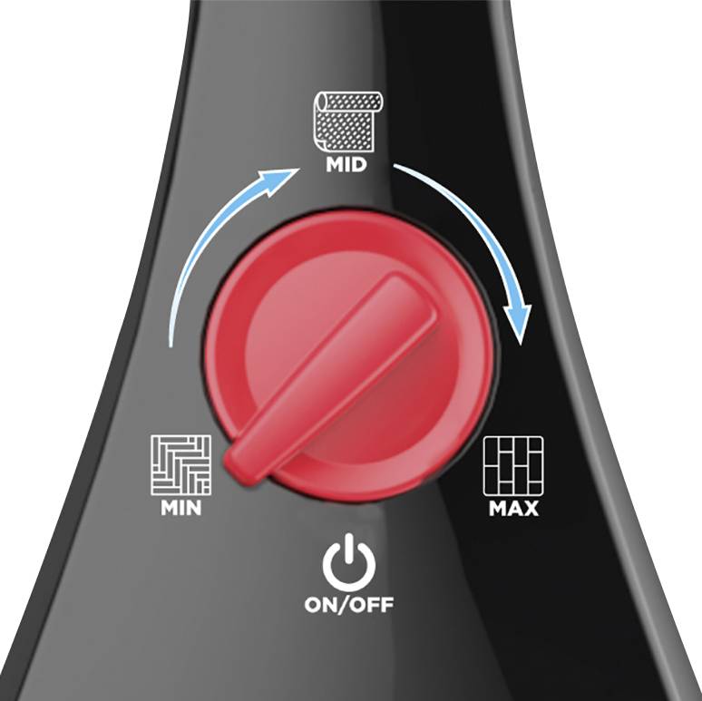 Un bouton de réglage d'aspirateur à main avec un bouton rouge. Le bouton pointe sur 'MID', entouré de flèches bleues et blanches. Options : 'MIN', 'MID', 'MAX'. En bas 'ON/OFF'.