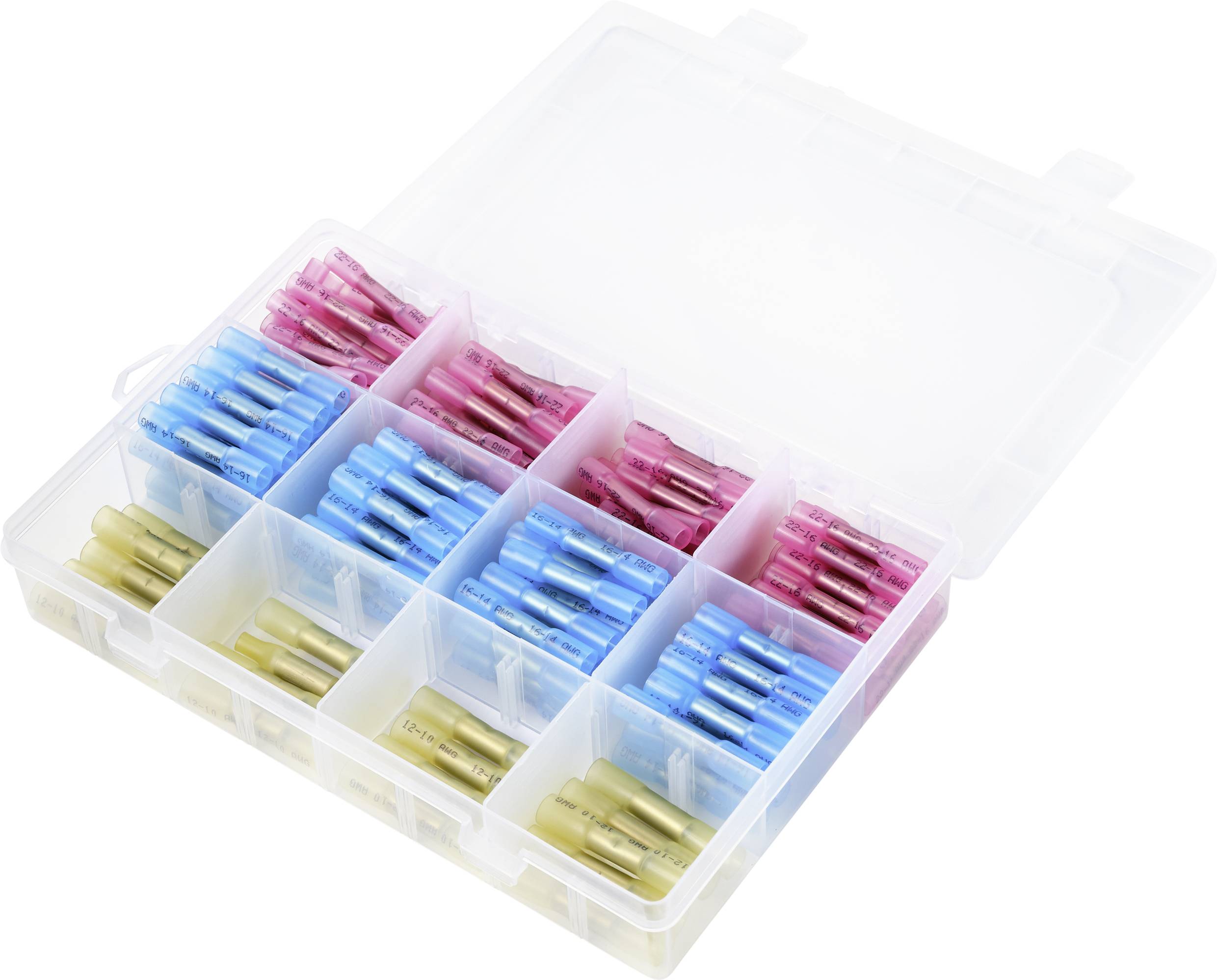 Une boîte transparente compartimentée contenant des connecteurs roses, bleus et jaunes, organisés par couleurs.