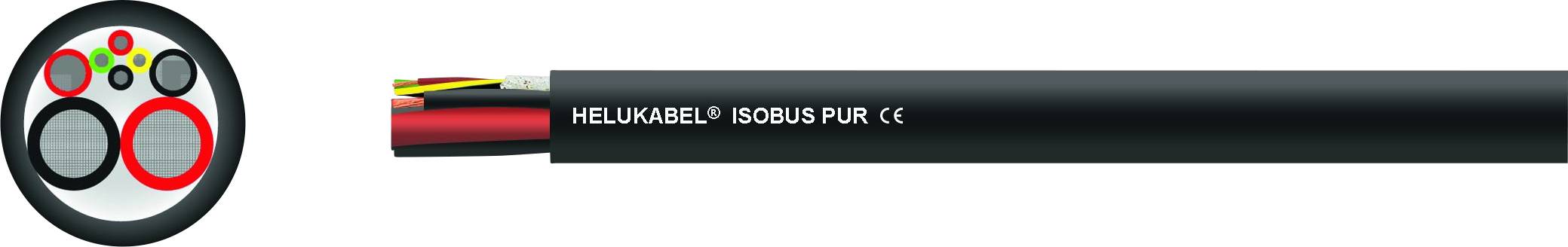 Coupe transversale d'un câble avec plusieurs conducteurs isolés. Sur le câble est inscrit 'Helukabel IsoBus Pur CE'.