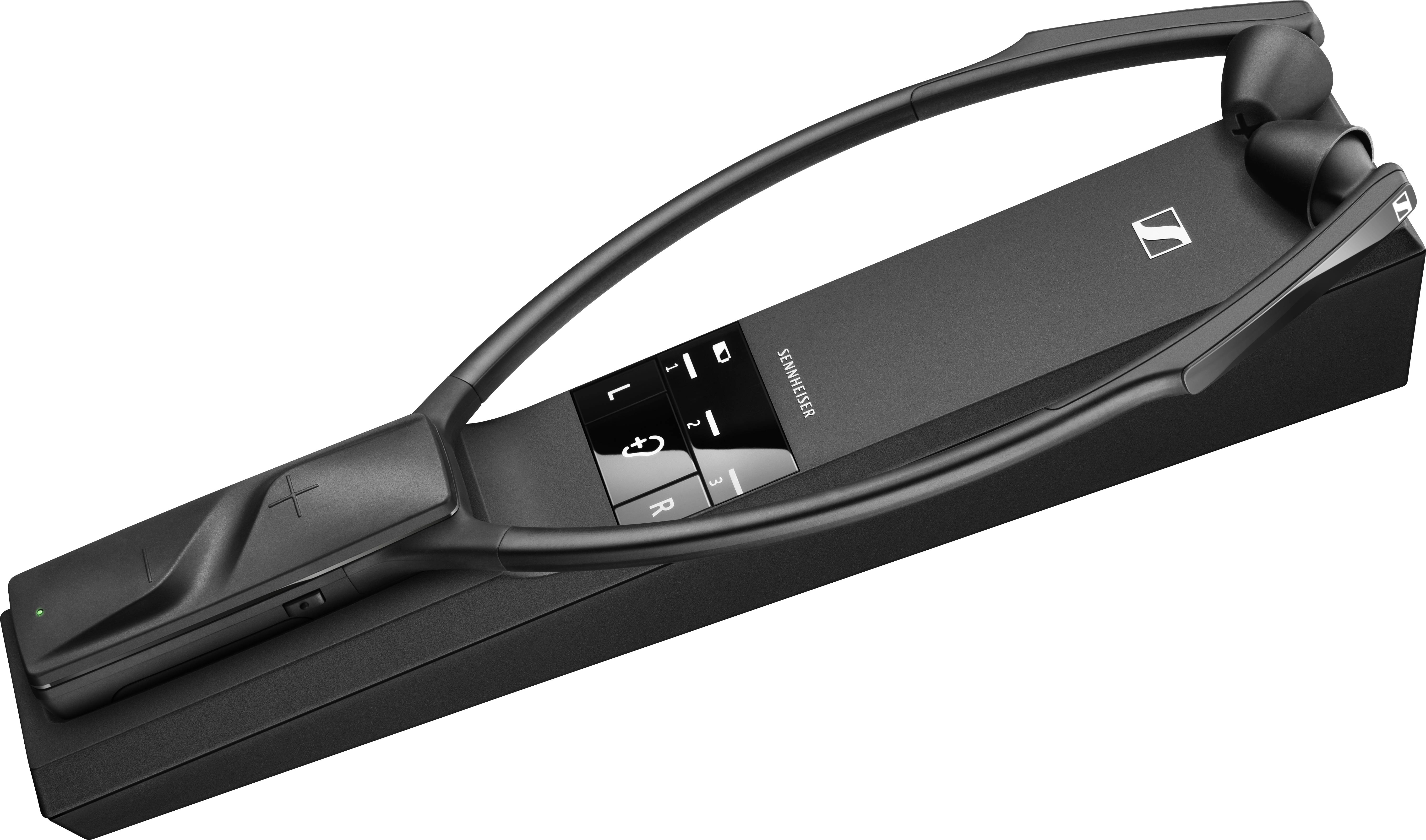 Un casque TV sans fil noir, silencieux et élégant, repose sur sa station de charge. Idéal pour un son télévisé sans fil.