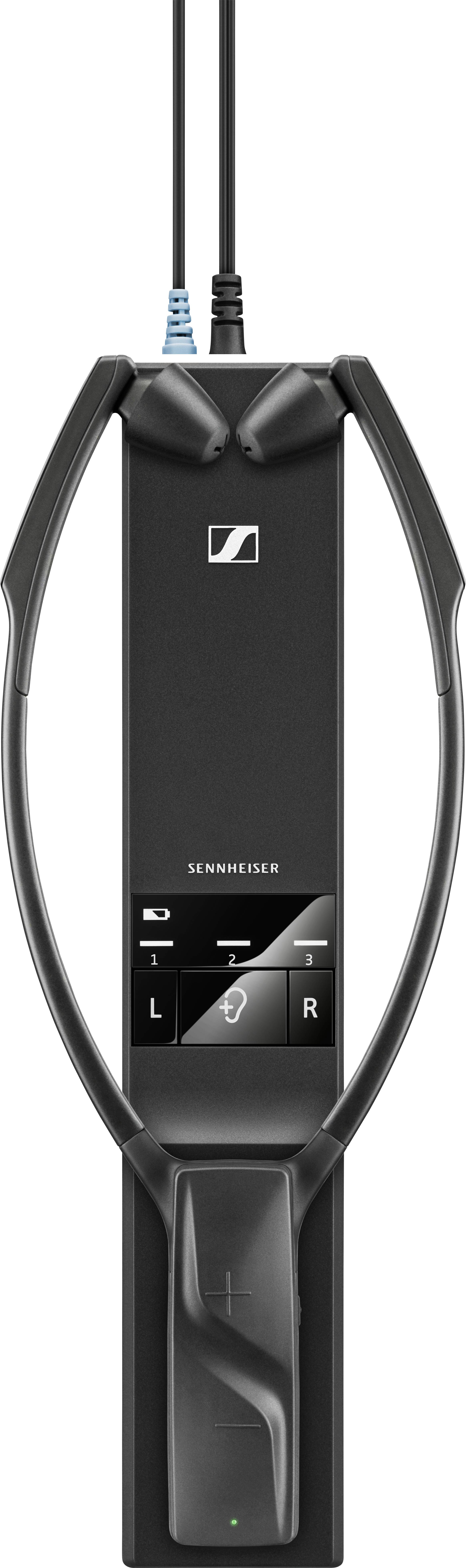 Un appareil auditif Sennheiser noir avec des touches de commande pour le volume et l'équilibre, adapté aux transmissions audio sans fil.
