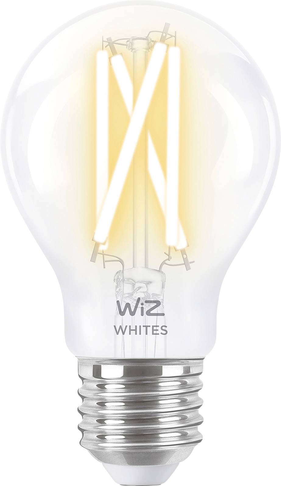 Une ampoule LED blanche avec un filament à la lumière chaude portant l'inscription « WiZ Whites ».