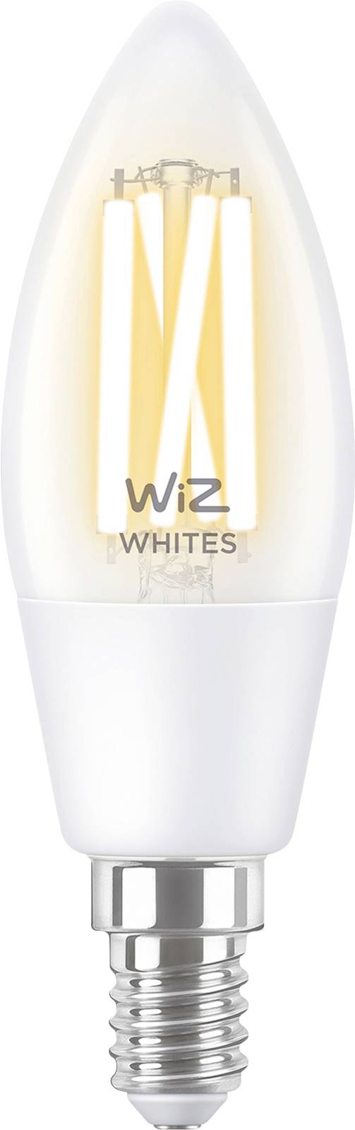 Une ampoule LED Wiz compatible Wi-Fi en forme de bougie, avec des filaments lumineux distinctifs, adaptée à l'éclairage blanc.