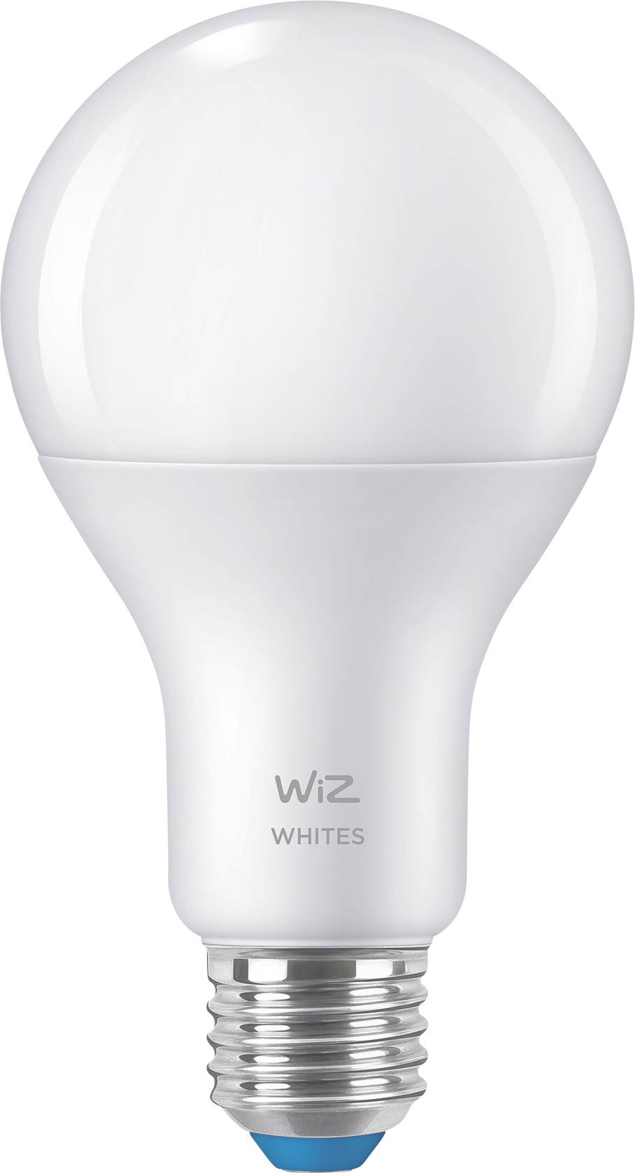 Ampoule LED blanche avec une douille argentée, portant l'inscription 'WiZ WHITES'. Elle présente une forme ronde et un design moderne.