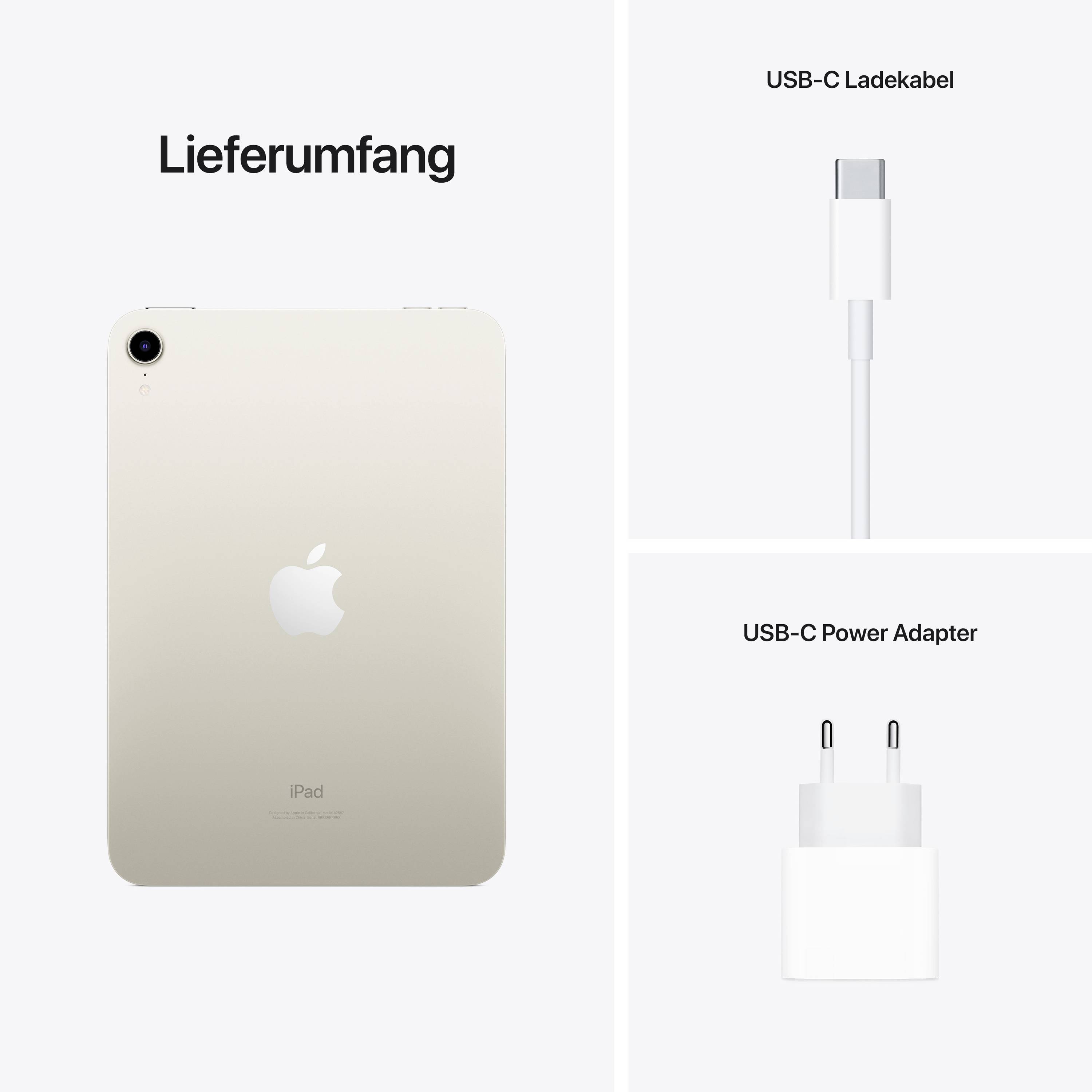 Contenu de la livraison d'une tablette : une coque arrière de tablette avec le logo Apple, un câble de charge USB-C et un adaptateur secteur USB-C.
