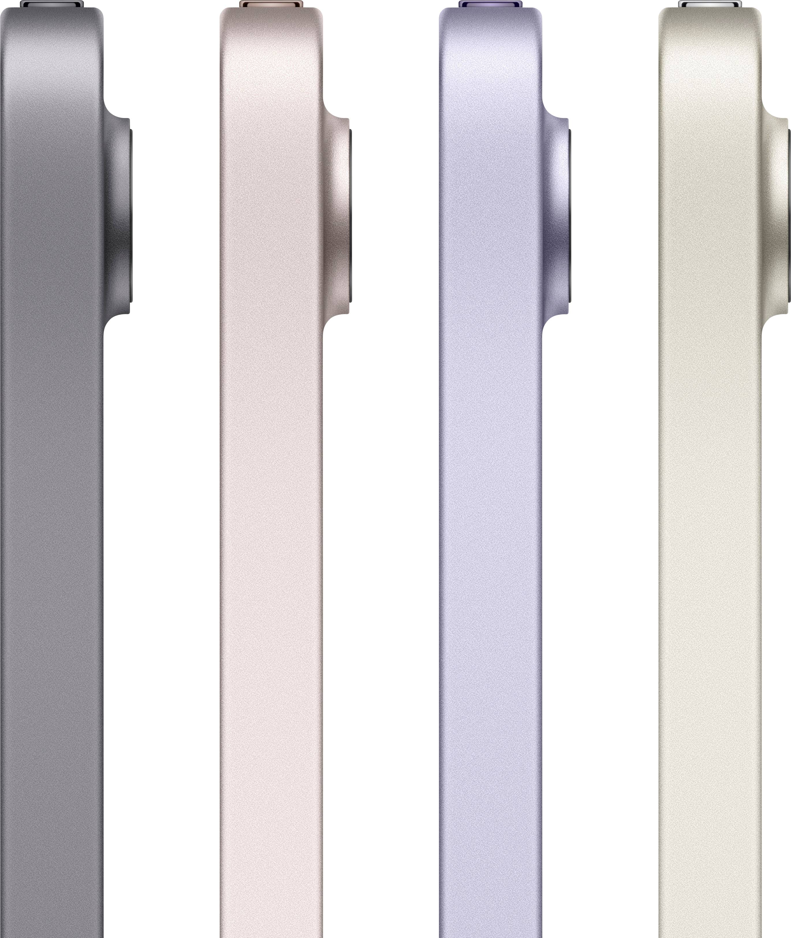 Quatre smartphones fins disposés côte à côte dans différentes couleurs (gris, or rose, violet, or).