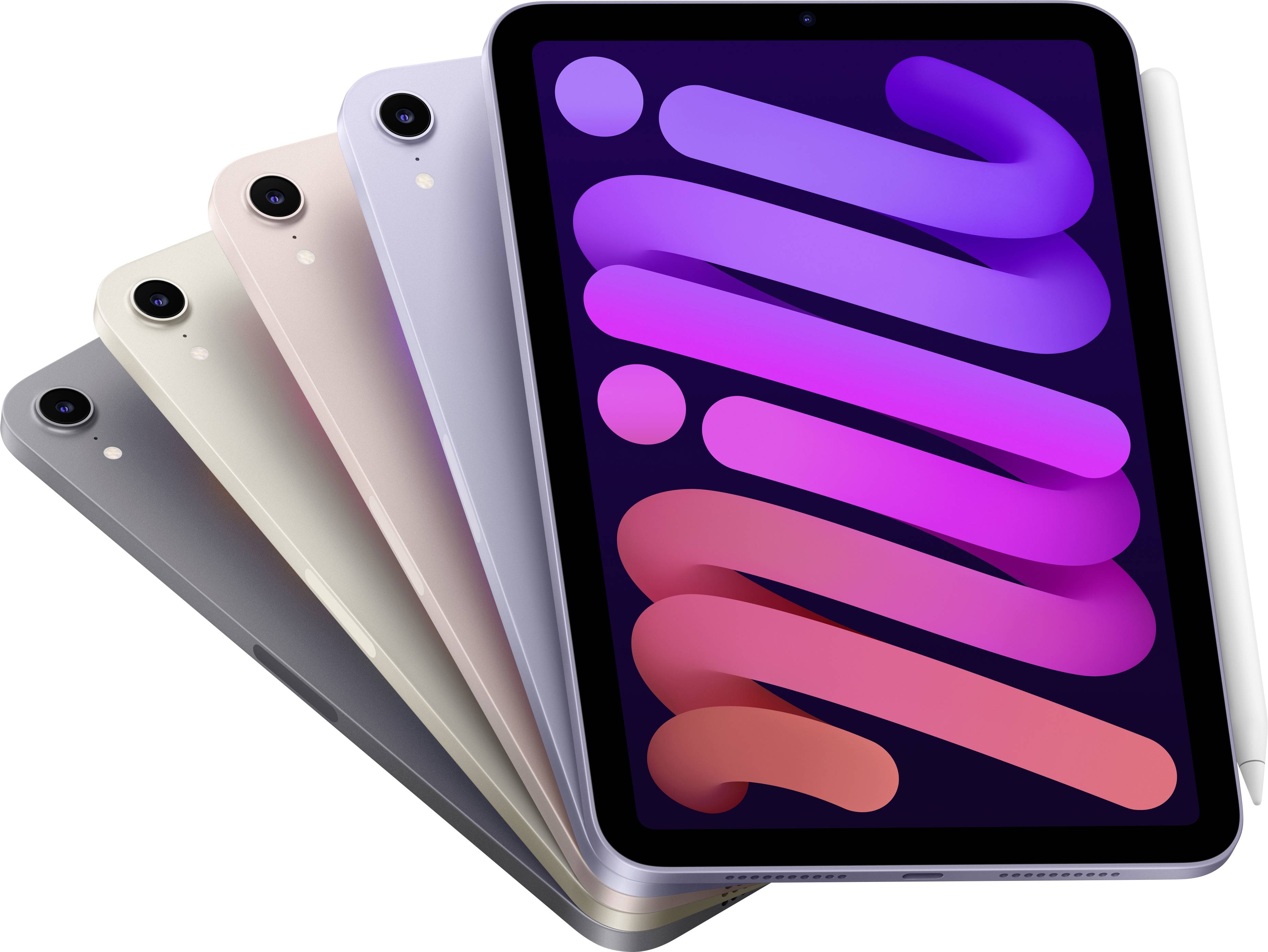 Cinq tablettes disposées en escalier dans différentes couleurs ; la tablette avant plan affiche un motif abstrait et coloré avec un stylet à côté.