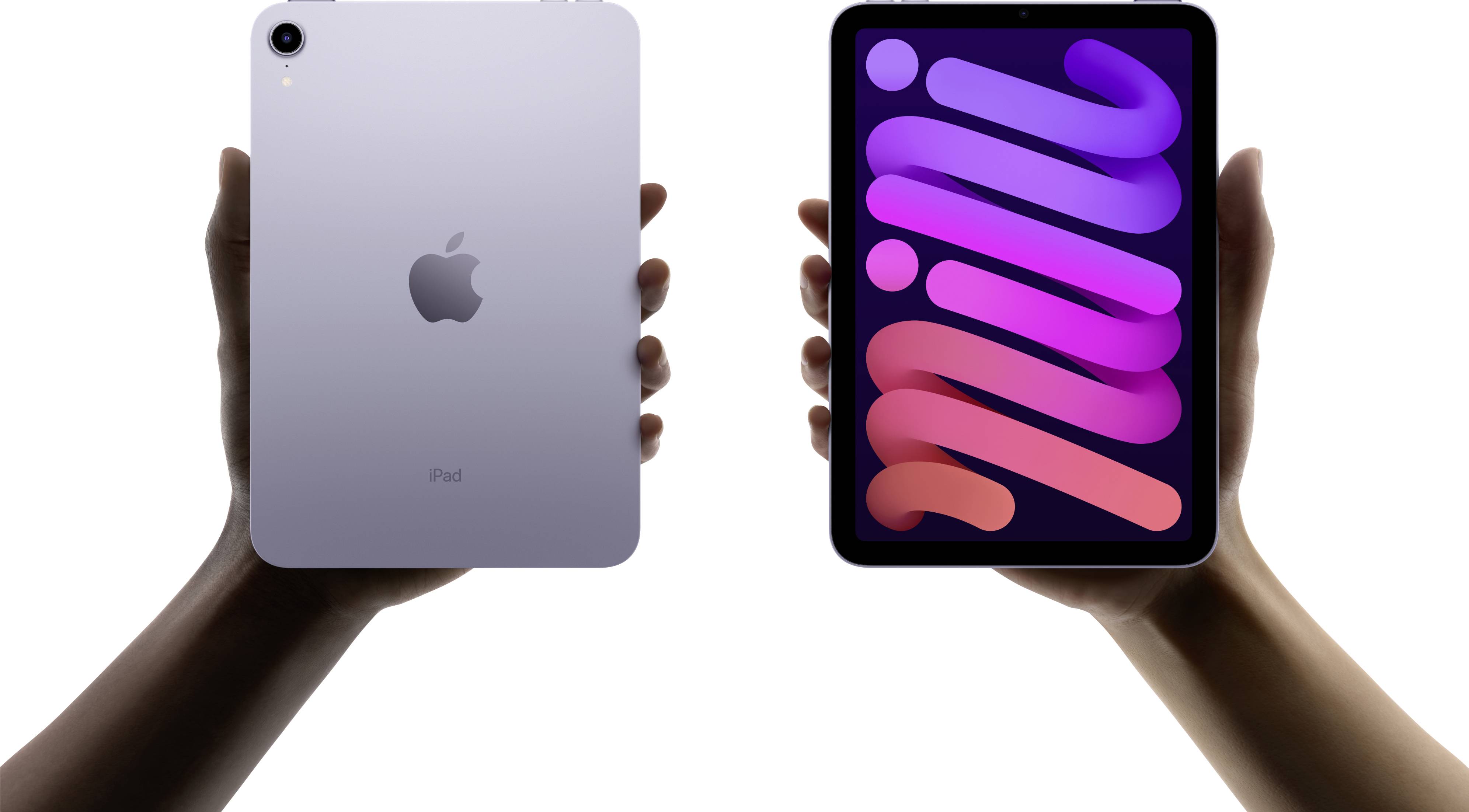 Deux mains tiennent un iPad Mini sous différents angles. À gauche, le dos avec le logo Apple est visible, à droite l'écran affiche un motif coloré.