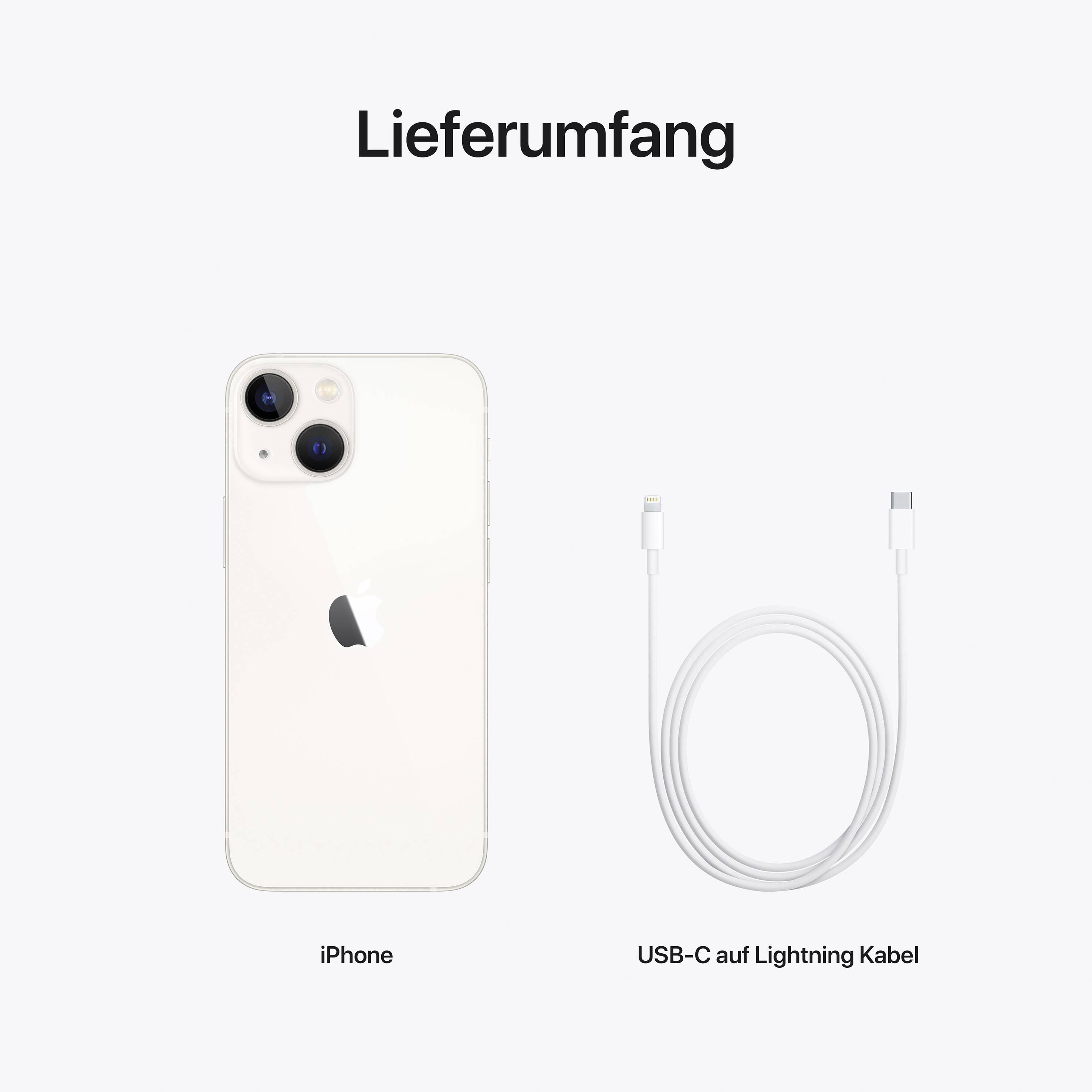 Contenu de la livraison d'un iPhone : Un iPhone blanc et un câble USB-C vers Lightning côte à côte sur un fond blanc.