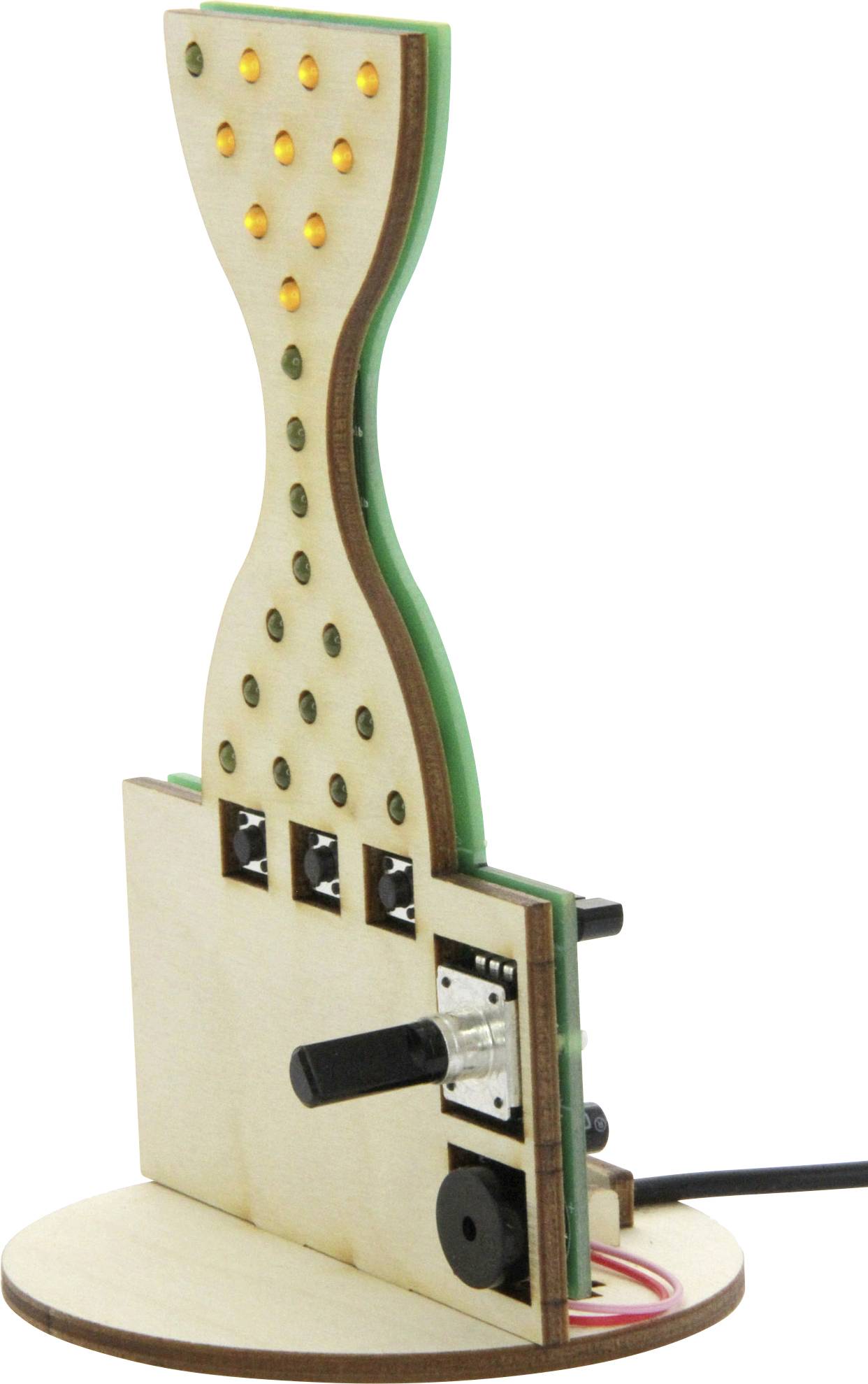 Une lampe LED étroite, en bois, en forme de goutte, avec des lumières jaunes brillantes, fixée sur une base ronde, équipée d'interrupteurs latéraux.