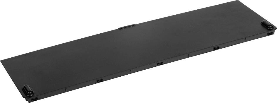 Une plaque ou un couvercle noir rectangulaire, probablement destiné à des fins techniques ou mécaniques, avec des points de fixation aux angles.