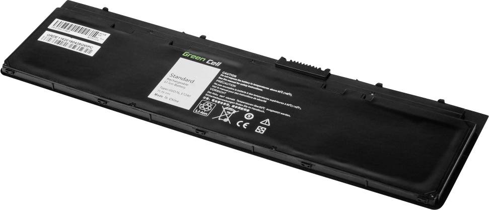 Un accumulateur noir pour ordinateur portable portant l'inscription 'Green Cell Standard', accompagné de divers symboles et spécifications techniques.
