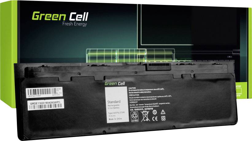 Batterie de portable lithium-ion de Green Cell, avec code-barres et symboles techniques sur la surface noire. Emballage en arrière-plan.